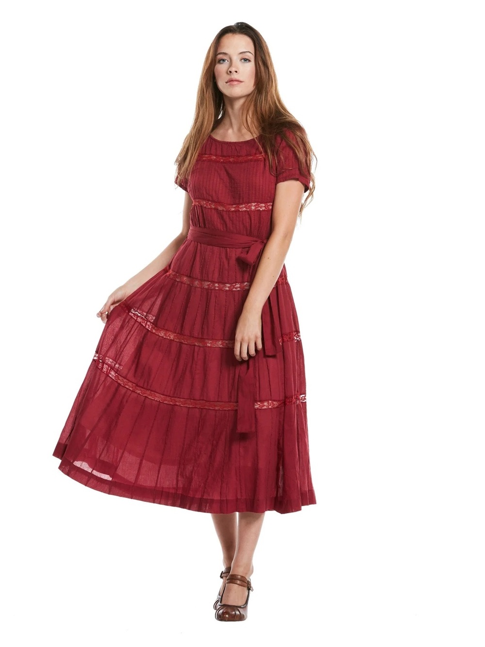 J. Peterman Dress 18 Womens Red Lace Short Sleeves Midi Lined Boho